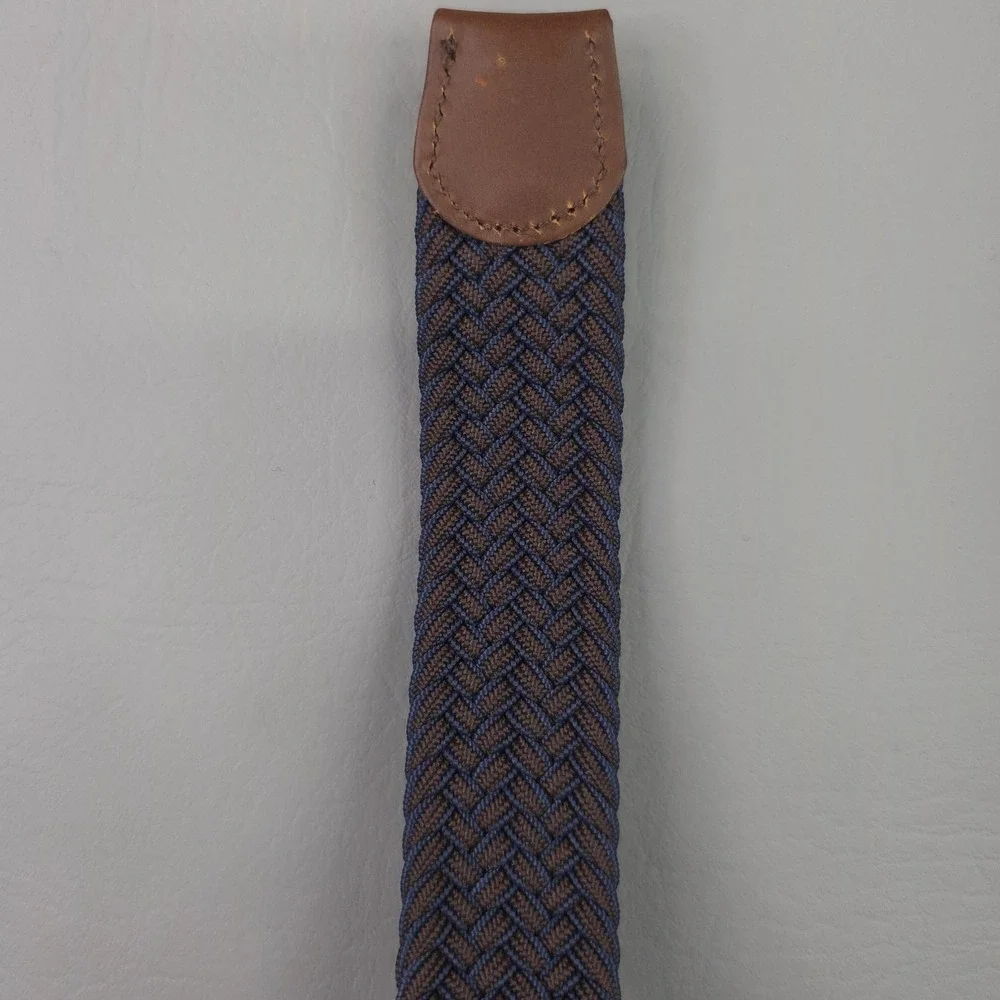 Tommy Bahama Belt Mens 38-42 Blue Braided Stretch Web Leather Trim Silver Buckle
